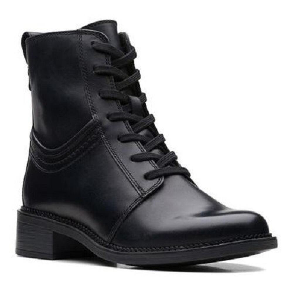 Clarks Women's Maye Step Leather Combat Boots, Black Leather Size 8.5M